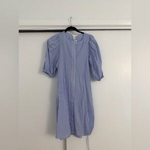 H&M Blue and White Striped Puff-Sleeve Mini Dress